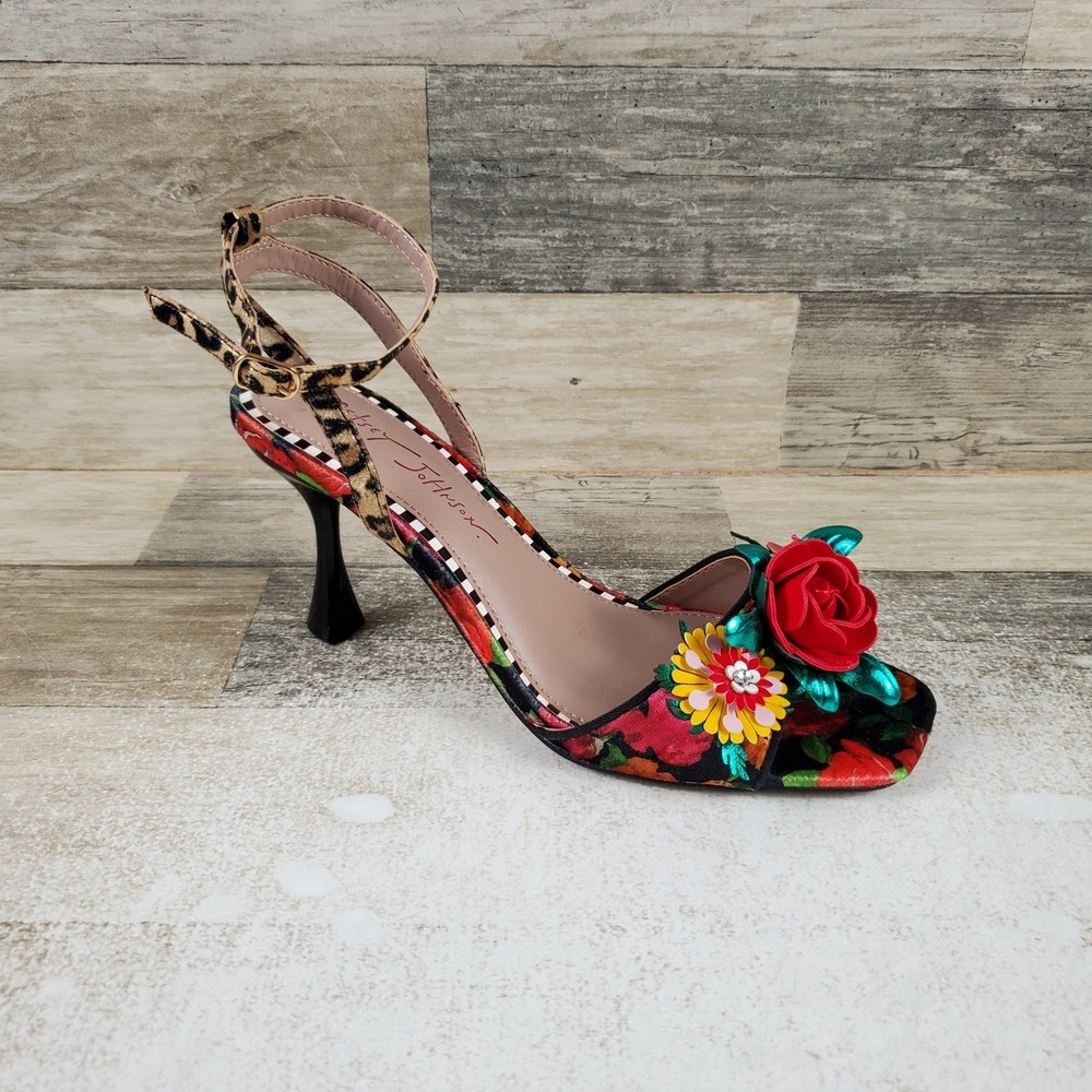 Betsey Johnson Karra Womens Sandal Sz 5 M Black Floral Leopard Print Ankle Strap